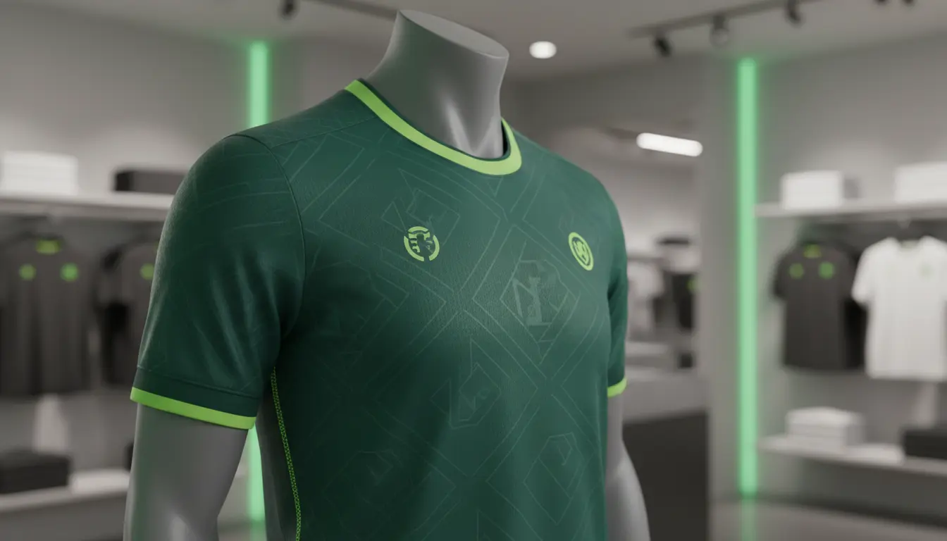 قميص كرة قدم أخضر معروض داخل متجر رياضي حديث بجودة عالية وتصميم احترافي بدون شعارات أو علامات تجارية.