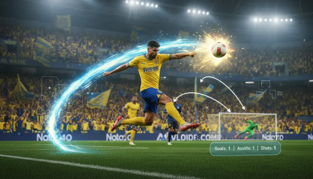 تاليسكا يسدد كرة قوية بقدمه اليسرى بقميص النصر في مباراة بالدوري السعودي وسط جماهير غفيرة وأجواء كروية حماسية