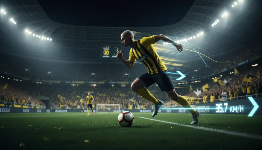 لاعب جناح سريع بقميص الاتحاد ينطلق بالكرة بسرعة عالية في الدوري السعودي وسط أجواء جماهيرية حماسية