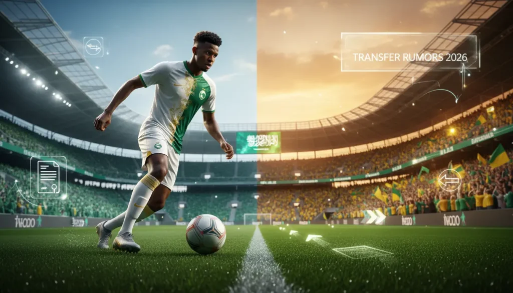 لاعب كرة قدم سريع يراوغ بالكرة في مشهد رمزي لانتقال محتمل إلى الدوري السعودي وسط أجواء جماهيرية حماسية