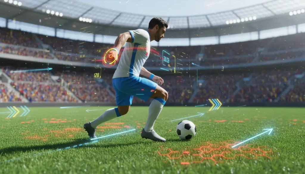 لاعب كرة قدم تخيلي داخل منطقة الجزاء محاط بعناصر تحليل الأداء والطاقة البدنية في مباراة حماسية