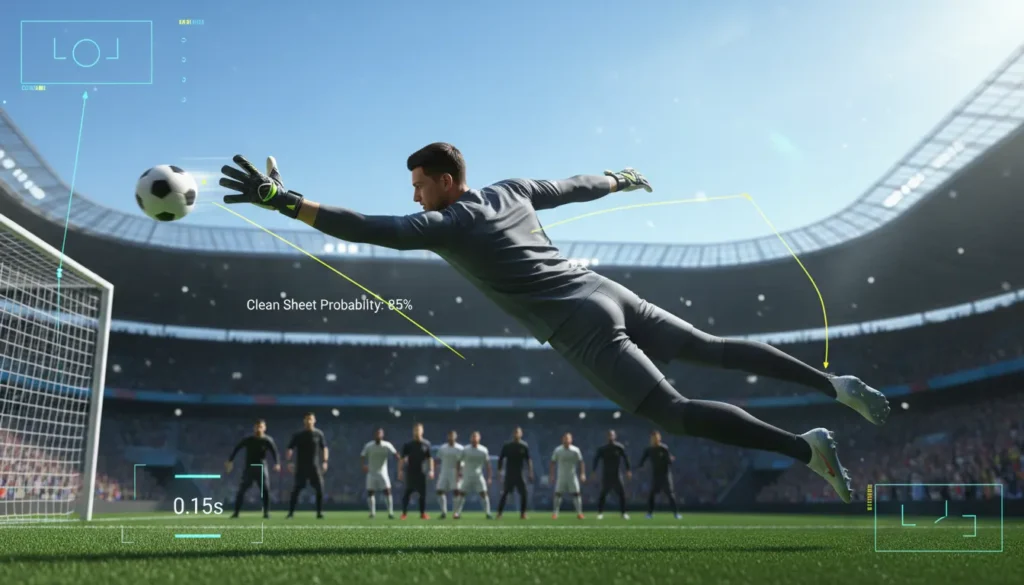 حارس مرمى كرة قدم تخيلي يتصدى لكرة قوية داخل منطقة الجزاء وسط أجواء تنافسية مشرقة