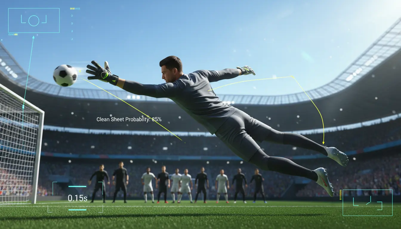 حارس مرمى كرة قدم تخيلي يتصدى لكرة قوية داخل منطقة الجزاء وسط أجواء تنافسية مشرقة