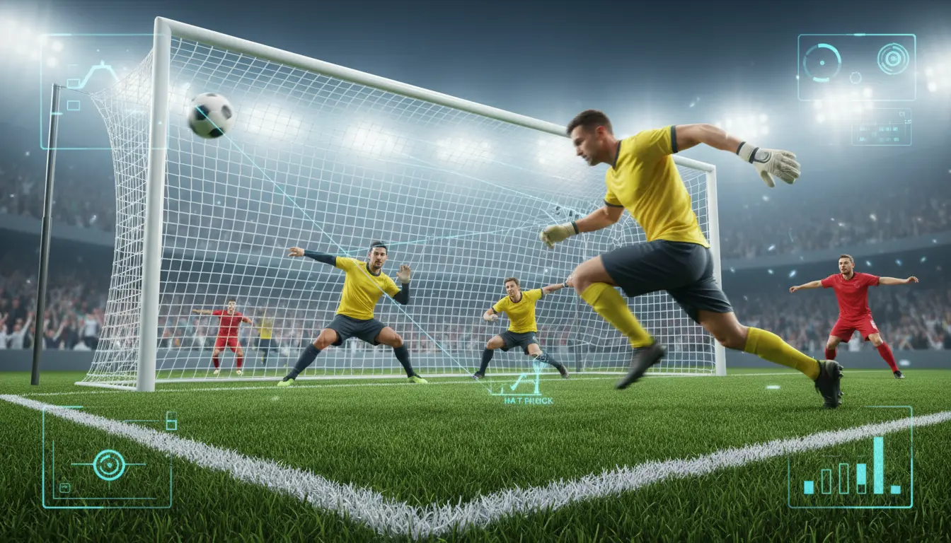 مهاجم كرة قدم تخيلي يسجل هدفاً داخل منطقة الجزاء وسط أجواء تنافسية مشرقة في ملعب حديث