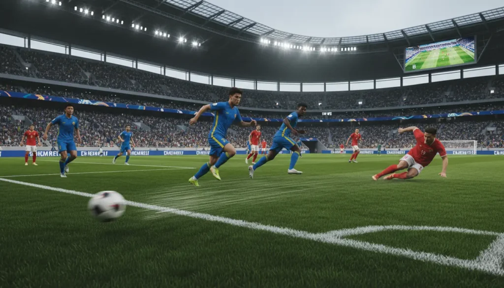 مشهد تخيلي لمباراة كرة قدم آسيوية داخل ملعب حديث يعكس أجواء البث المباشر لدوري أبطال آسيا للنخبة بجودة عالية