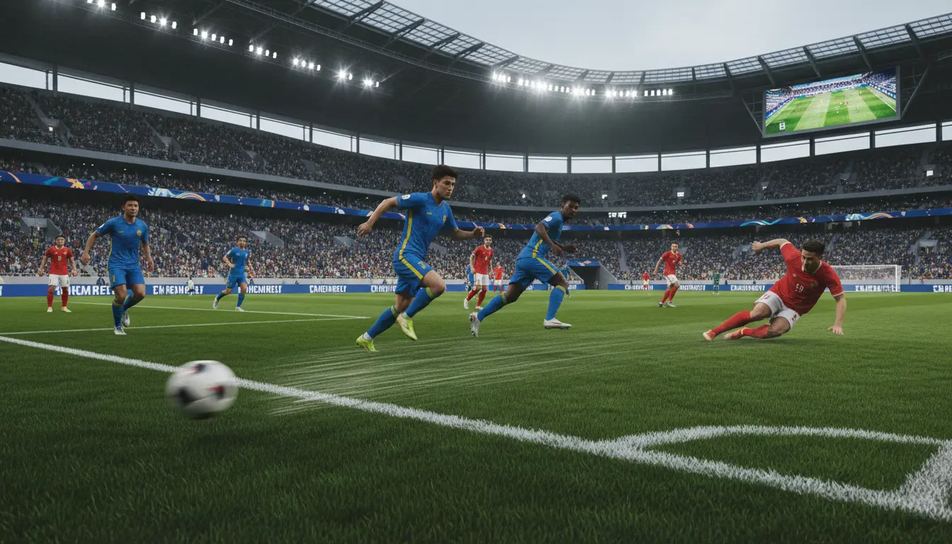 مشهد تخيلي لمباراة كرة قدم آسيوية داخل ملعب حديث يعكس أجواء البث المباشر لدوري أبطال آسيا للنخبة بجودة عالية