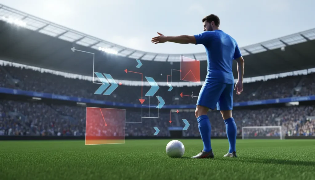 لاعب كرة قدم تخيلي يقود فريقه داخل ملعب حديث بأسلوب قيادي يعكس تألق نجم الهلال في موسم 2026 بالدوري السعودي