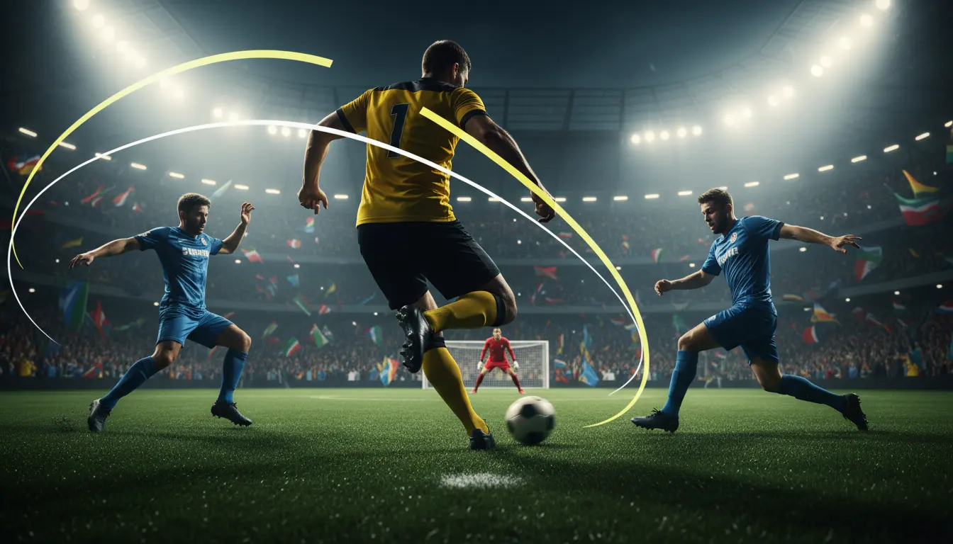 مهاجم كرة قدم تخيلي يسدد الكرة في لحظة حاسمة داخل ملعب ممتلئ يعكس تألق بنزيما مع الاتحاد في الدوري السعودي