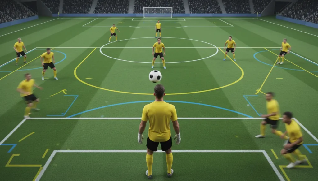 لاعب وسط دفاعي تخيلي يقطع تمريرة في منتصف الملعب داخل مباراة بالدوري السعودي بأسلوب يعكس تأثير فابينيو مع الاتحاد