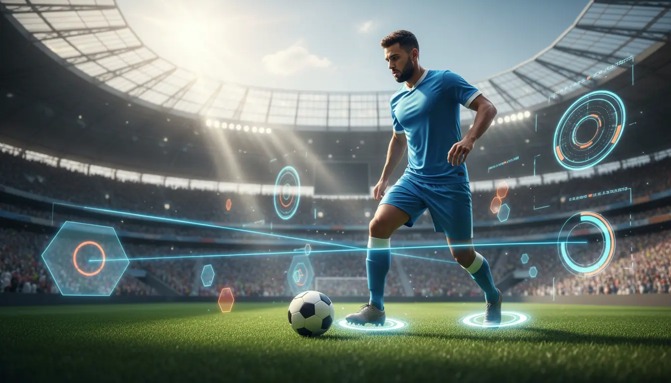 تصميم رياضي مشرِق للاعب وسط تخيلي في الدوري السعودي داخل أجواء مباراة مع عناصر تكتيكية وحركية