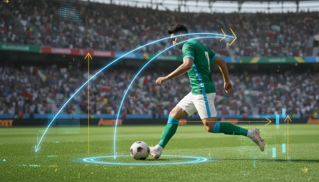صورة كرة قدم حيوية تُظهر ملعبًا كرويًا وشخصيات تخيلية مع لوحات إحصائيات وأجواء رياضية مليئة بالحماس.