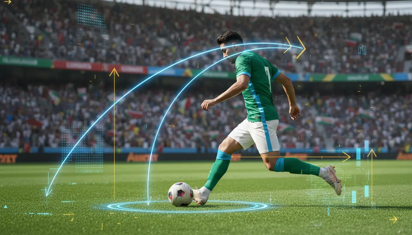 صورة كرة قدم حيوية تُظهر ملعبًا كرويًا وشخصيات تخيلية مع لوحات إحصائيات وأجواء رياضية مليئة بالحماس.