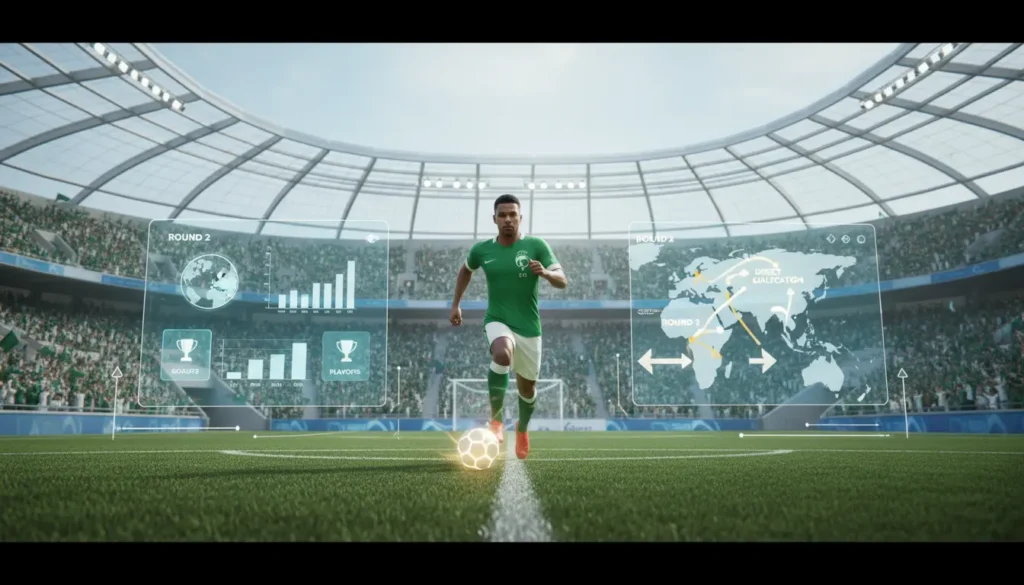 إنفوجرافيك يوضح نظام تأهل المنتخب السعودي لكأس العالم 2026 مع ملعب كرة قدم وعناصر إحصائية وأجواء رياضية حيوية.