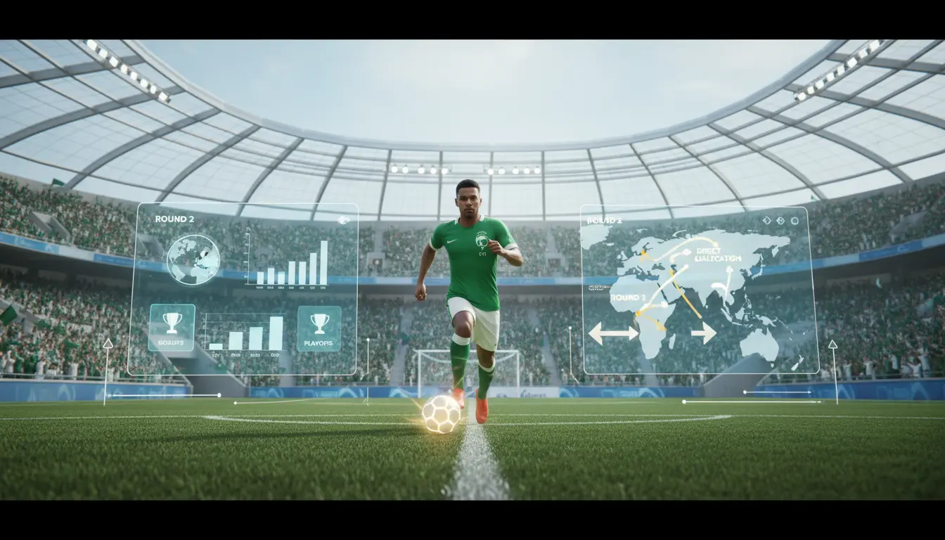 إنفوجرافيك يوضح نظام تأهل المنتخب السعودي لكأس العالم 2026 مع ملعب كرة قدم وعناصر إحصائية وأجواء رياضية حيوية.