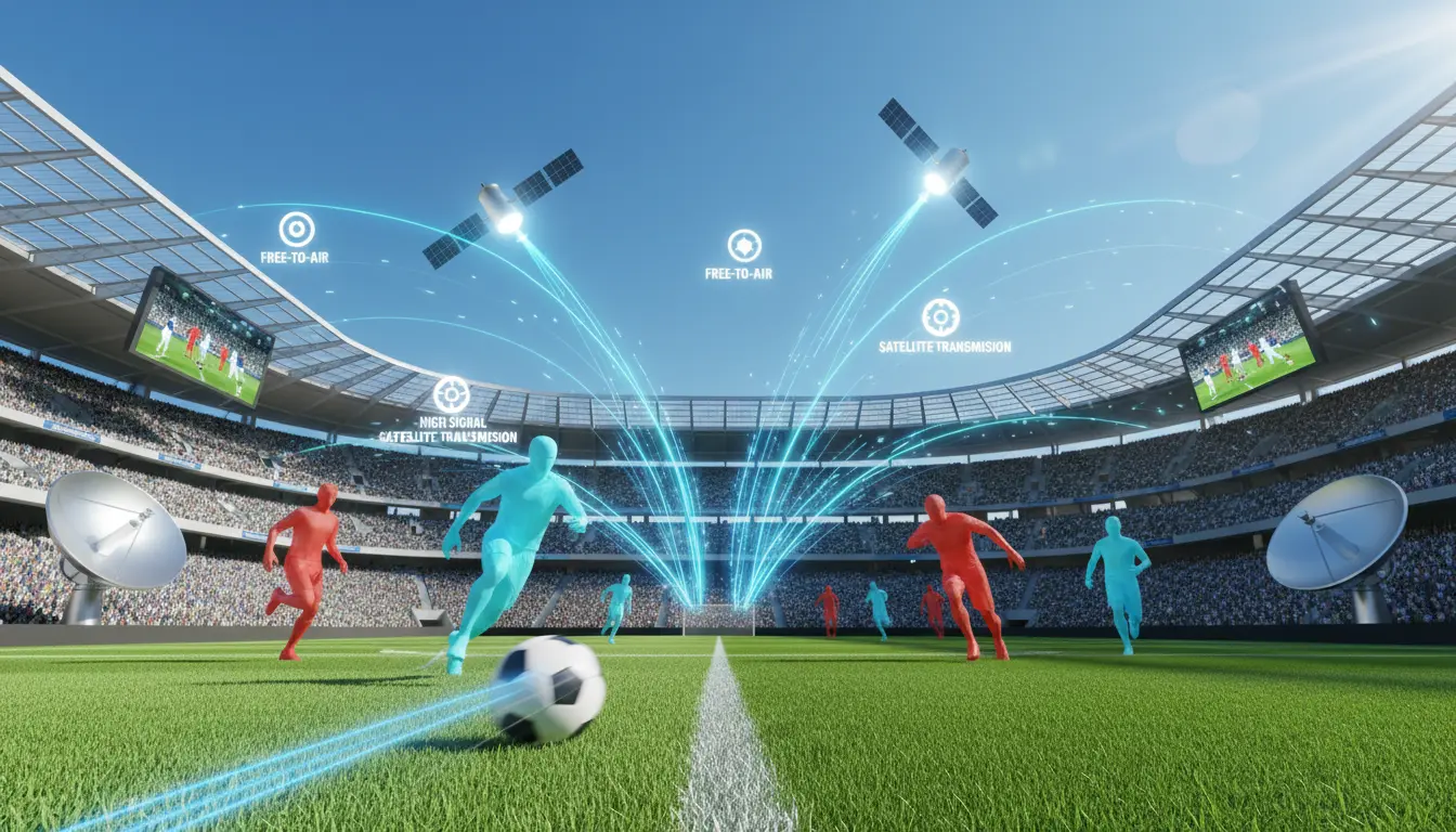 صورة توضح طرق مشاهدة الدوري الإسباني مجاناً عبر الأقمار الصناعية مع ملعب كرة قدم وشاشات عرض وأقمار بث.