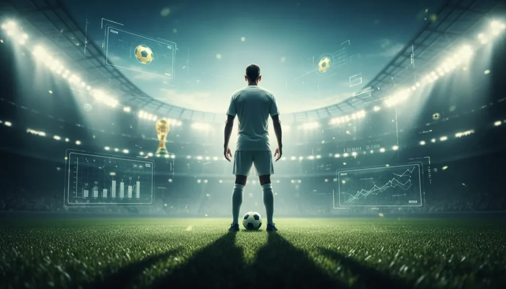 لاعب كرة قدم أسطوري تخيلي من الخلف في ملعب مضاء يرمز إلى لحظة الاعتزال ونهاية مشوار كروي تاريخي