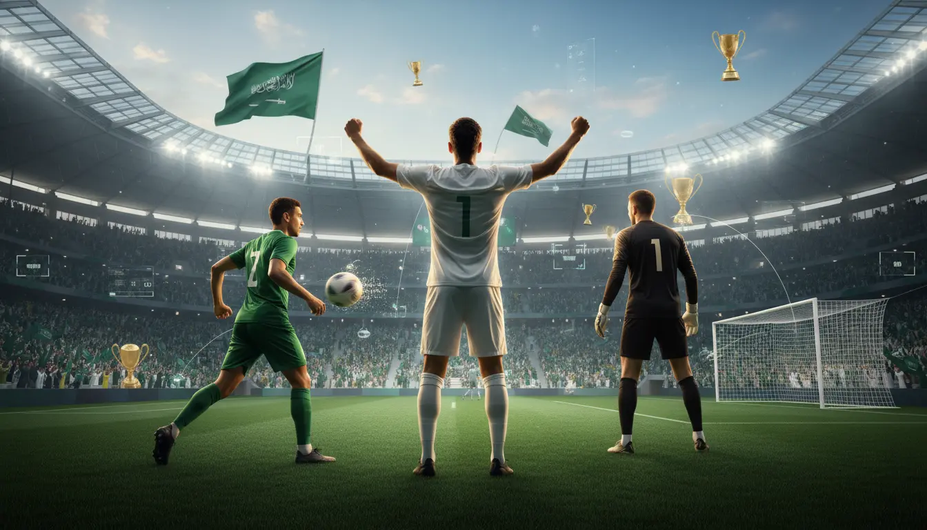تصميم رمزي لأساطير كرة القدم السعودية داخل ملعب مضاء يعبر عن تاريخ المجد والنجوم الذين صنعوا هوية الأخضر