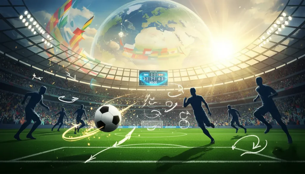 تصميم فني رياضي يُظهر مشاهد تخيلية من أفضل المباريات التاريخية في كأس العالم مع كرة قدم، لوحات نتائج، وأجواء جماهيرية حماسية.