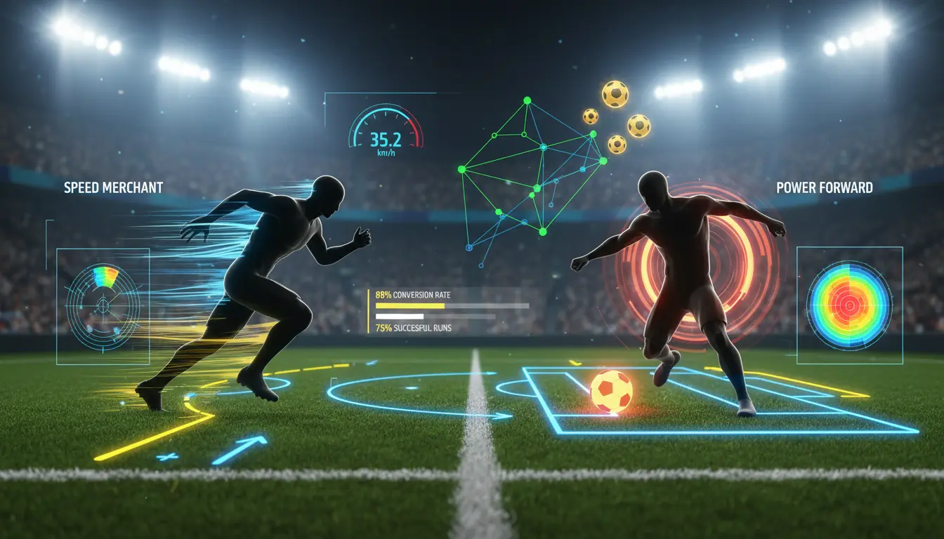 تصميم رياضي يوضح مقارنة بالأرقام بين مهاجمين تخيليين بأسلوبين مختلفين في كرة القدم مع إحصائيات وسرعة وتمركز داخل الملعب.