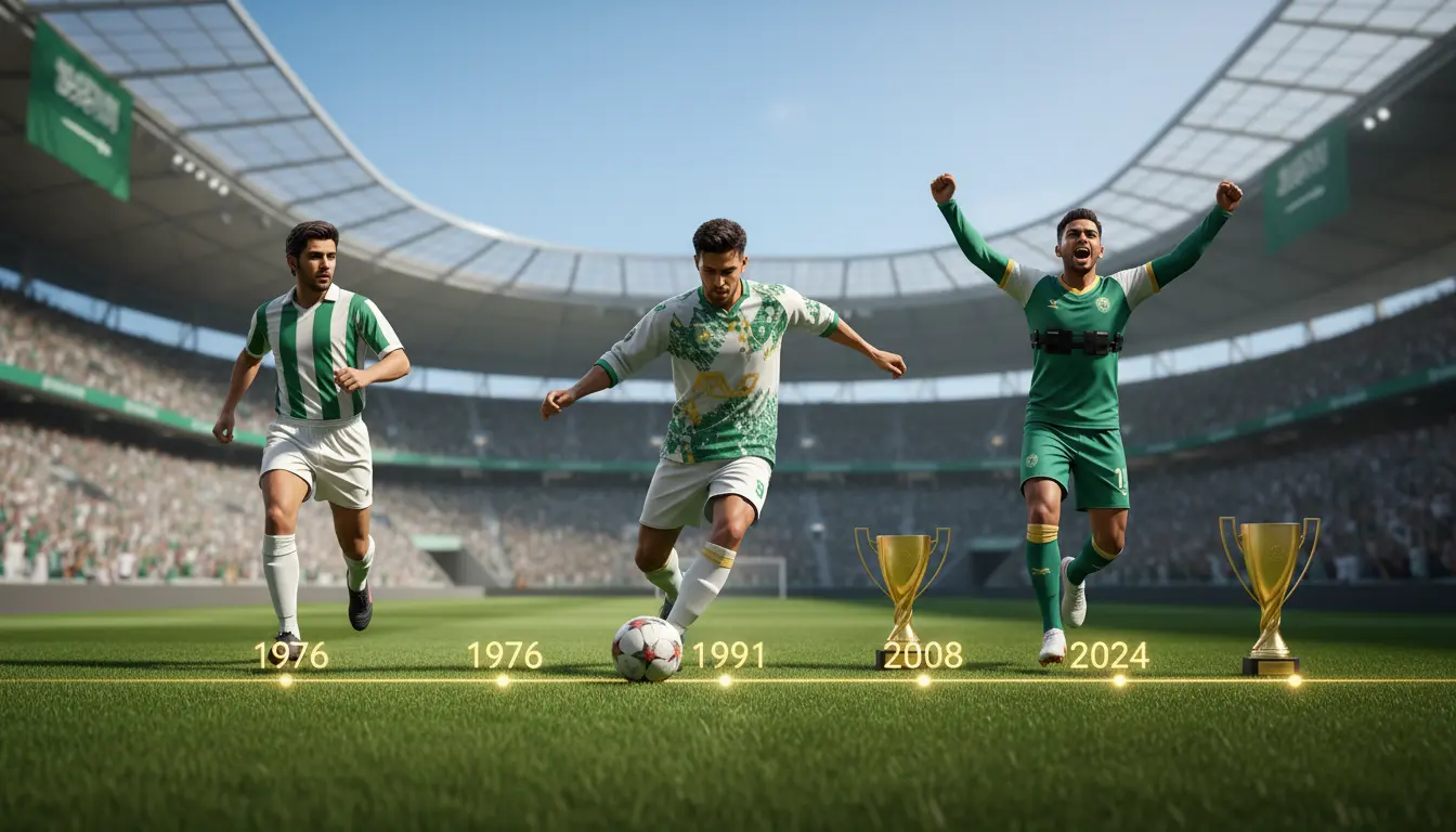 لاعبو كرة قدم بشريون يجسدون تطور الدوري السعودي عبر العقود داخل ملعب حديث بأسلوب رياضي مشرق.