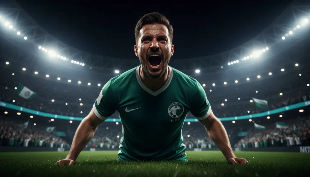 لاعب كرة قدم تخيلي بشري يحتفل بهدف حاسم في مباراة كرة قدم سعودية وسط جماهير متفاعلة وملعب ممتلئ.