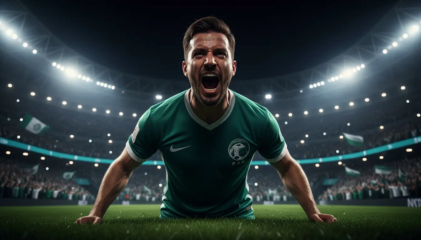 لاعب كرة قدم تخيلي بشري يحتفل بهدف حاسم في مباراة كرة قدم سعودية وسط جماهير متفاعلة وملعب ممتلئ.