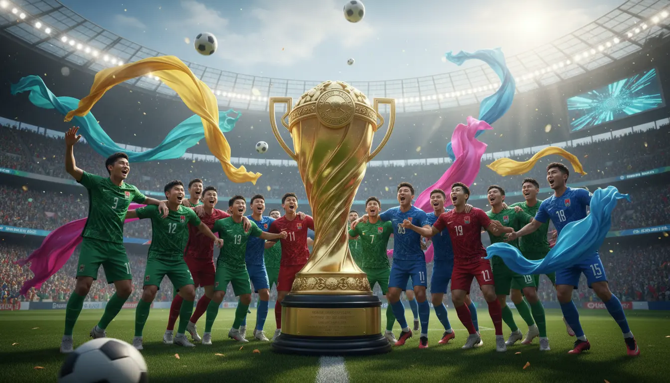 لاعبون بشريون تخيليون يحتفلون بكأس آسيا لكرة القدم داخل ملعب كبير بأجواء جماهيرية حماسية وألوان رياضية مشرقة.