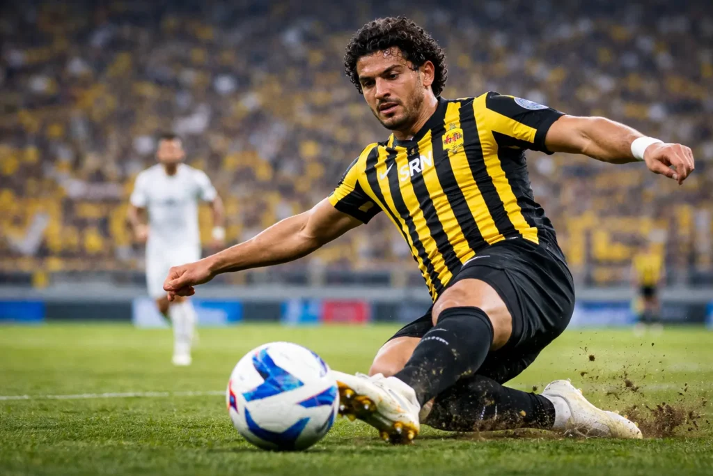 أحمد حجازي مدافع نادي الاتحاد خلال مباراة في الدوري السعودي يظهر القوة الدفاعية والتمركز التكتيكي