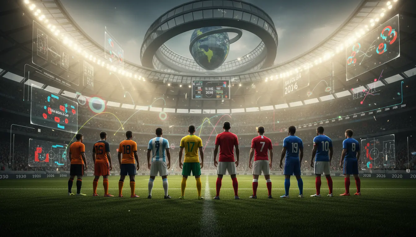غلاف تحليلي لأعظم المباريات التاريخية في كأس العالم يبرز مواجهات أيقونية مثل نهائي 2022 ومباراة القرن 1970 مع لوحات إحصائية داخل ملعب مونديالي