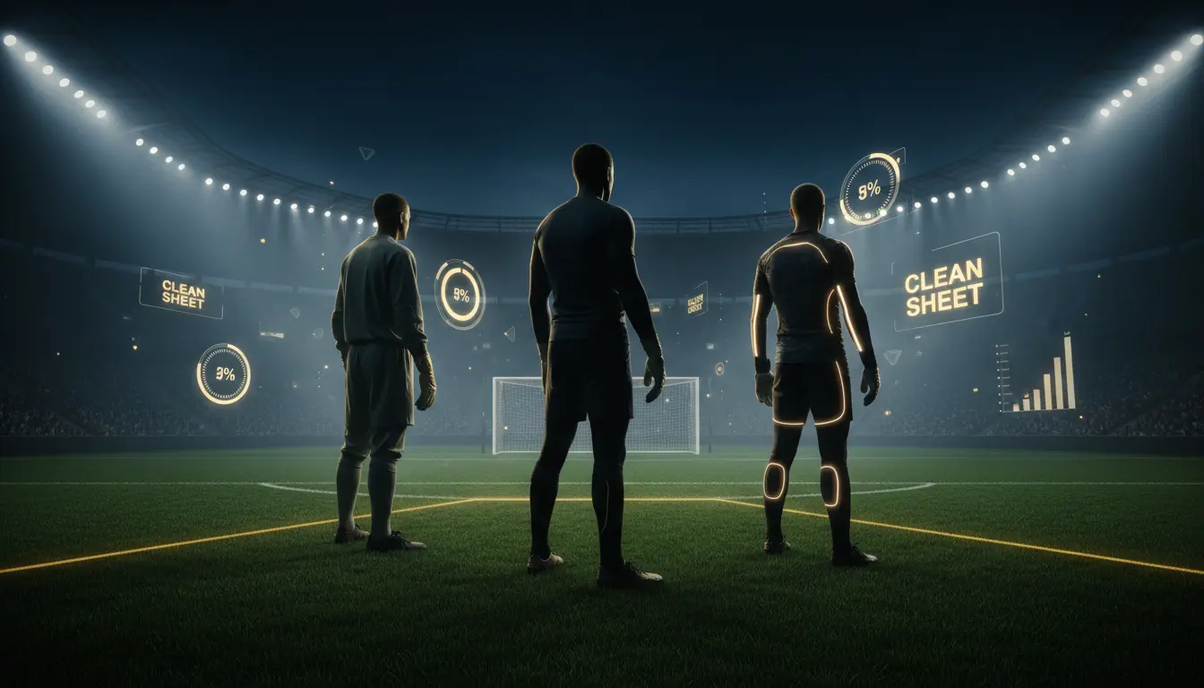 تصميم تخيلي لحراس مرمى كرة قدم يمثلون أجيال مختلفة داخل ملعب ليلي مع عناصر تحليلية توضح التصديات والتاريخ الكروي.