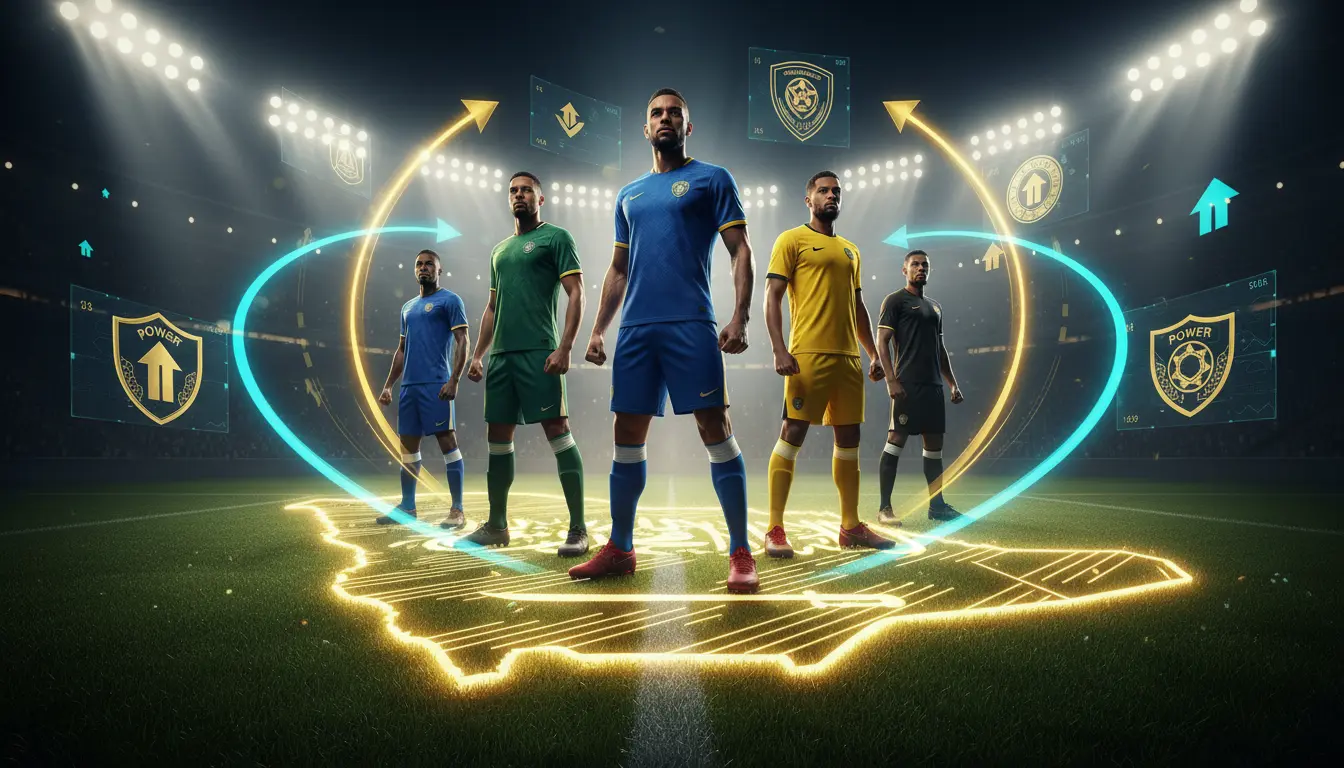 تصميم بصري لصفقات الدوري السعودي 2026 يظهر انتقالات اللاعبين وخارطة القوى بألوان رياضية زاهية.