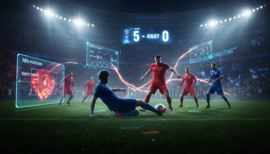 صورة توضيحية لمباراة ديربي كروية بنتيجة كبيرة داخل ملعب ممتلئ بالجماهير مع عناصر إحصائية وتكتيكية تعبّر عن التفوق التاريخي