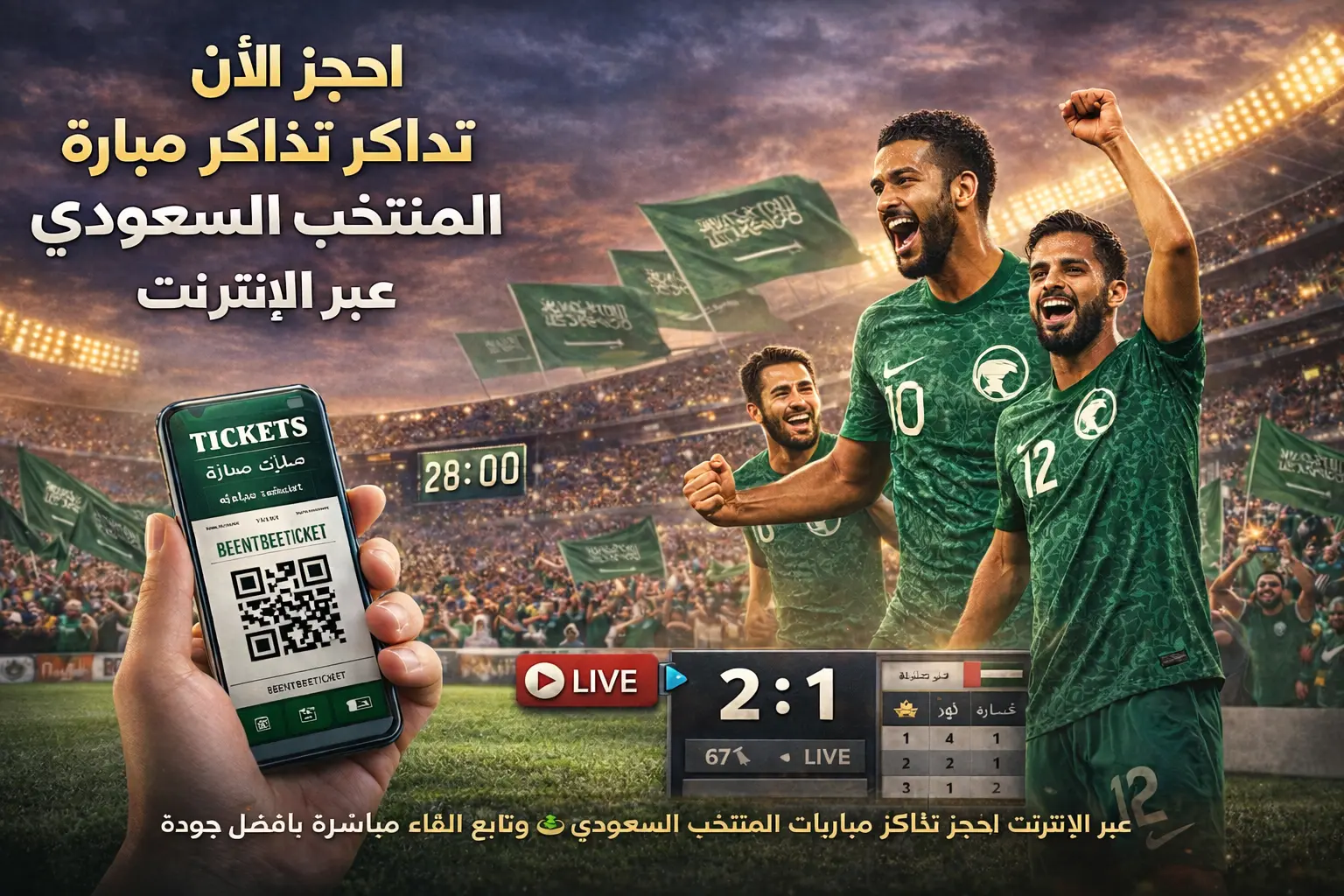حجز تذاكر مباراة المنتخب السعودي عبر الإنترنت مع عرض ملعب ممتلئ بالجماهير، لاعبي المنتخب السعودي يحتفلون، ولوحة نتائج وبث مباشر للمباراة