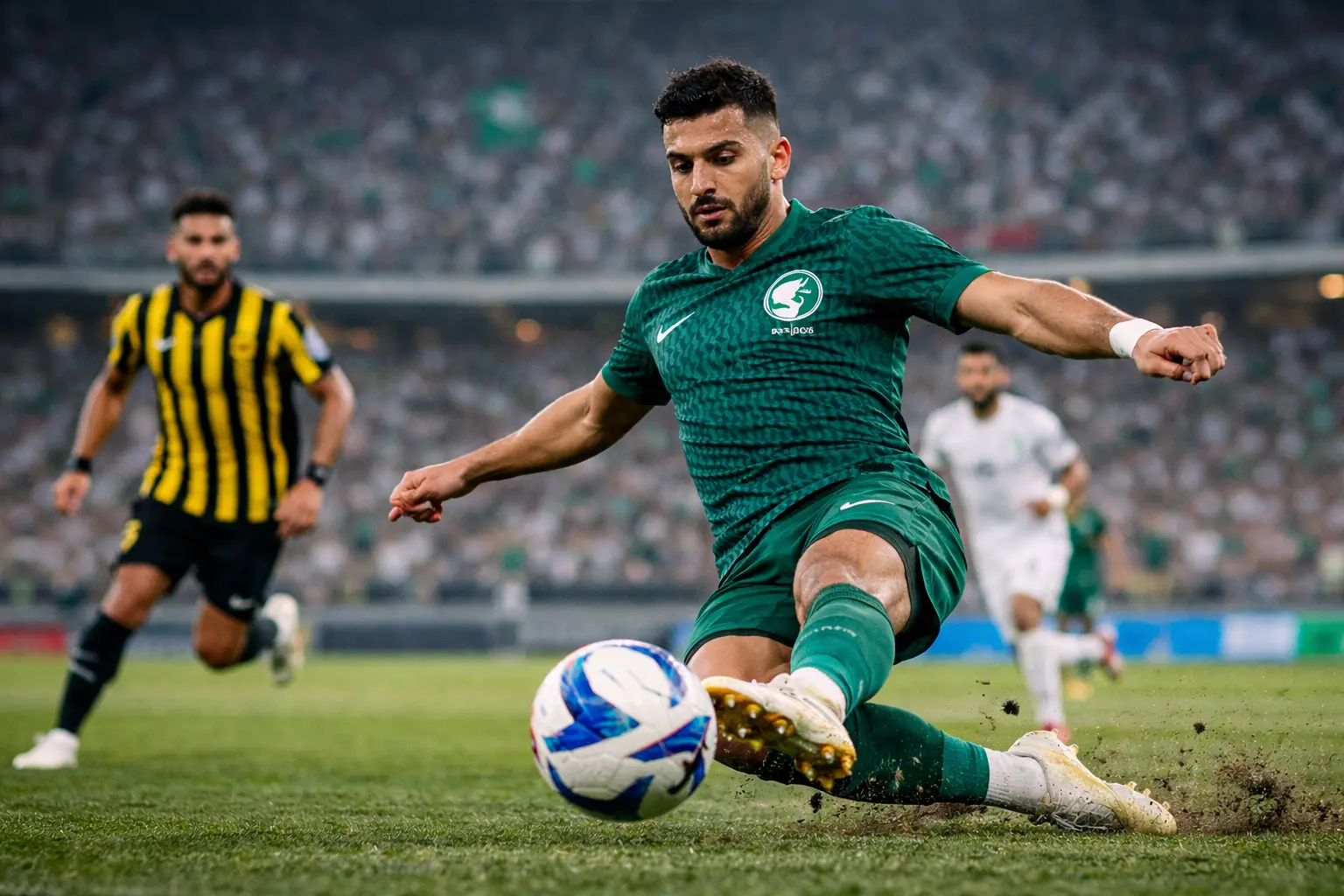 زياد الجهني لاعب الدوري السعودي أثناء تدخل دفاعي قوي يبرز الأداء التكتيكي والتمركز الذكي في إحدى مباريات القمة