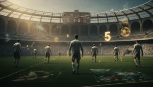 صورة غلاف تحليلية تاريخية لكأس العالم تعرض نتائج قياسية وأرقام أهداف ولوحات إحصائية داخل ملعب كرة قدم بأسلوب رمزي