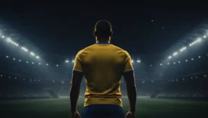 لاعب كرة قدم عالمي مصوَّر من الخلف بزي مستوحى من نادي النصر يعكس احترافية كريستيانو رونالدو في الدوري السعودي