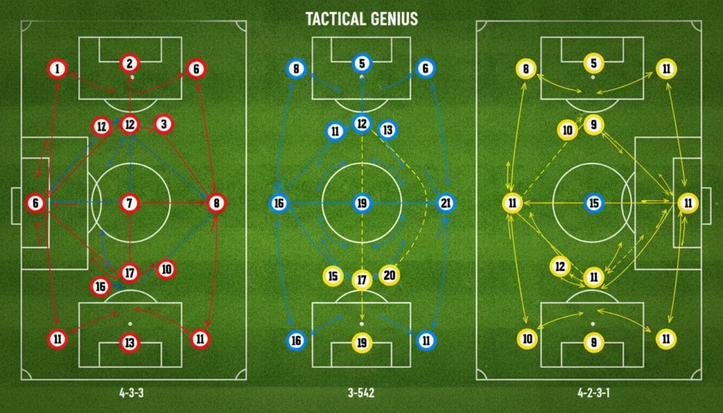 رسم تكتيكي يوضح أشهر الخطط في كرة القدم وتوزيع اللاعبين داخل الملعب بألوان رياضية مشبعة.