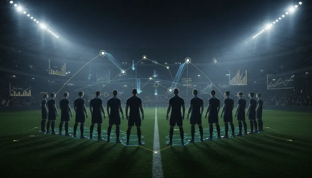 مشهد تحليلي لمباراة كرة قدم كبيرة داخل ملعب حديث مع عناصر تكتيكية وبيانات توضح الضغط والحسم في مواجهات القمة.