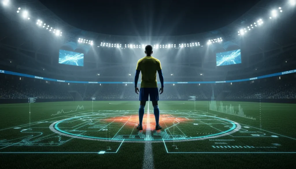 صورة تحليلية للاعب وسط كرة قدم تخيلي داخل ملعب سعودي حديث ليلاً، يظهر من الخلف محاطاً بإحصائيات رقمية وخرائط حرارية تعبر عن السيطرة التكتيكية في وسط الملعب.