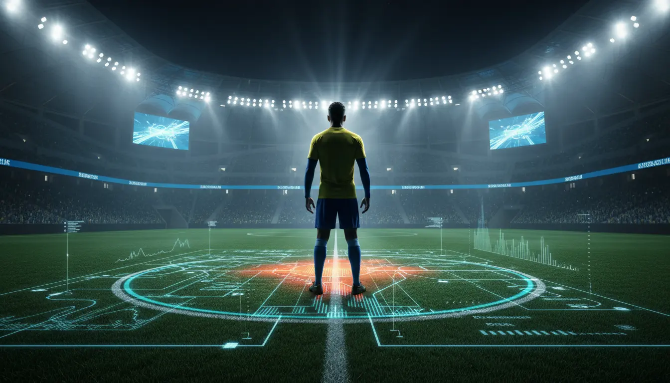 صورة تحليلية للاعب وسط كرة قدم تخيلي داخل ملعب سعودي حديث ليلاً، يظهر من الخلف محاطاً بإحصائيات رقمية وخرائط حرارية تعبر عن السيطرة التكتيكية في وسط الملعب.