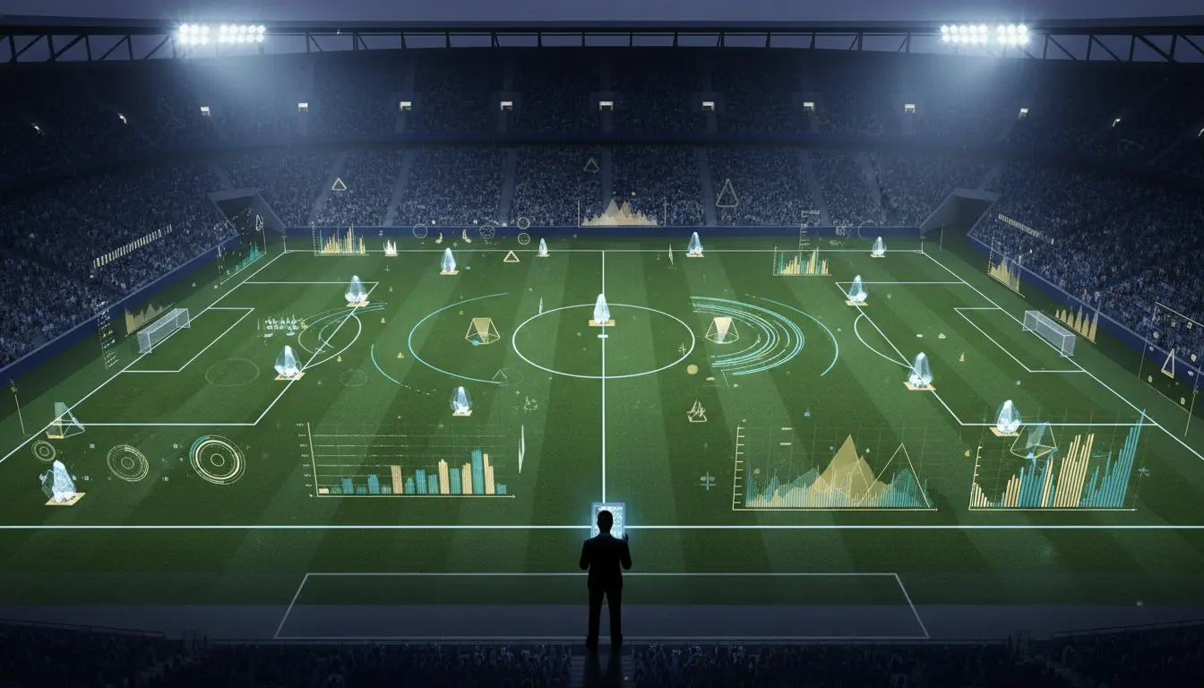 مشهد تحليلي لبناء فريق كرة قدم ناجح داخل ملعب حديث مع عناصر تكتيكية وبيانات رقمية توضح التخطيط والاستراتيجية.