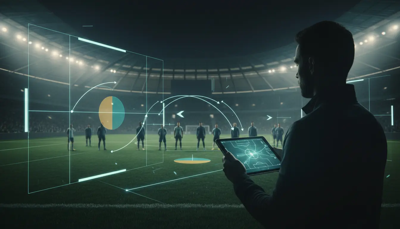 مدرب كرة قدم تخيلي يقف على خط الملعب ليلاً مع عناصر تحليل تكتيكي رقمية توضح الخطط والتمركز وتأثير المدرب على أداء الفريق.