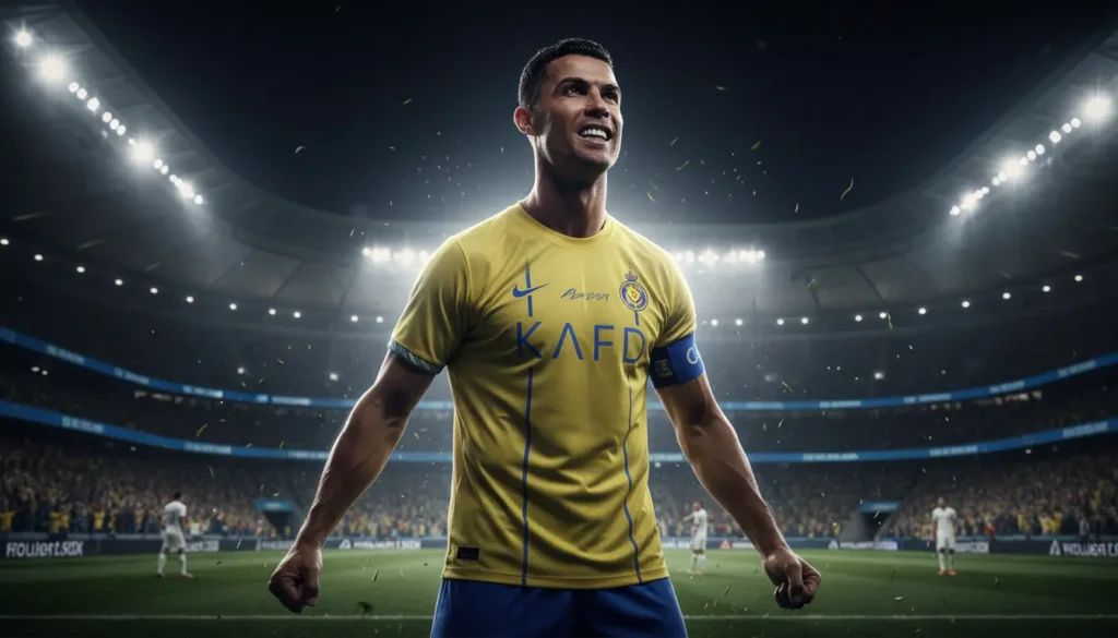 لاعب كرة قدم محترف يحتفل بتسجيل هدف في الدوري السعودي خلال مباراة ليلية