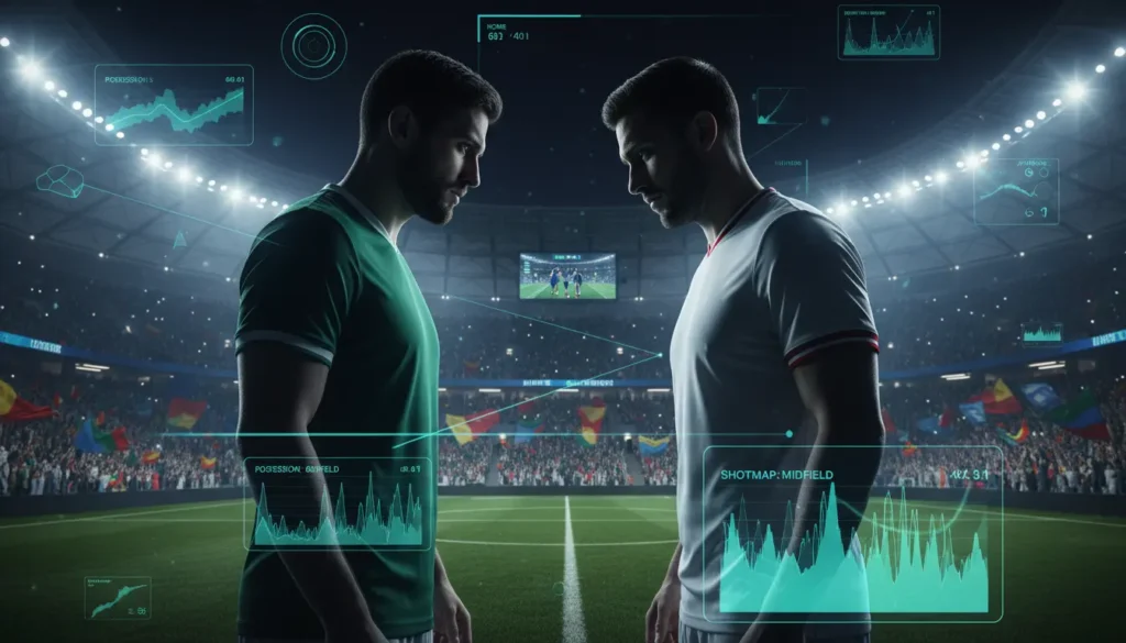 صورة تحليلية لمواجهة كروية بين منتخبين خليجيين داخل ملعب حديث، يظهر لاعبان من الخلف محاطان بعناصر إحصائية رقمية توضح تاريخ المواجهات والتنافس الكروي بين العراق وعمان.