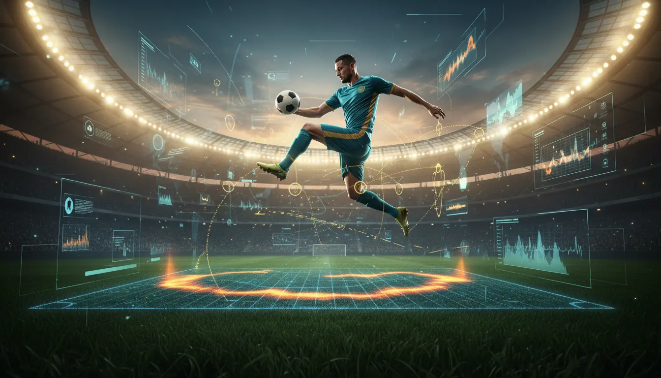 صورة توضيحية لتحليل أداء لاعب كرة قدم عالمي في الدوري السعودي مع مخططات تكتيكية وبيانات فنية داخل الملعب