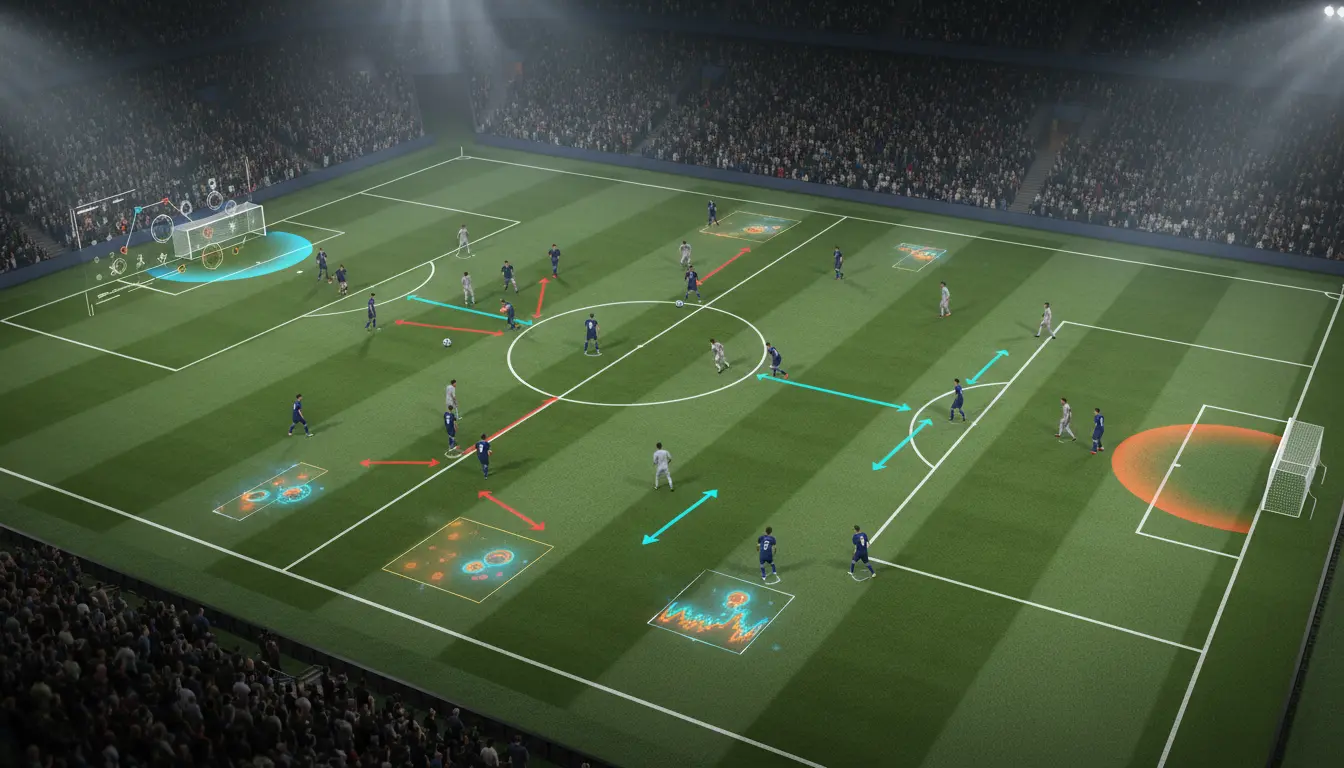 صورة تحليل تكتيكي لمباراة كرة قدم تُظهر مخططات الضغط والتحركات والمساحات التكتيكية داخل الملعب بأسلوب احترافي