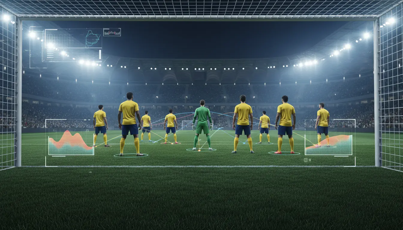 صورة تحليلية لتشكيلة فريق كرة قدم تخيلي باللونين الأصفر والأزرق داخل ملعب حديث ليلاً، يظهر اللاعبون من الخلف مع عناصر رقمية تمثل التشكيل والخطط التكتيكية.