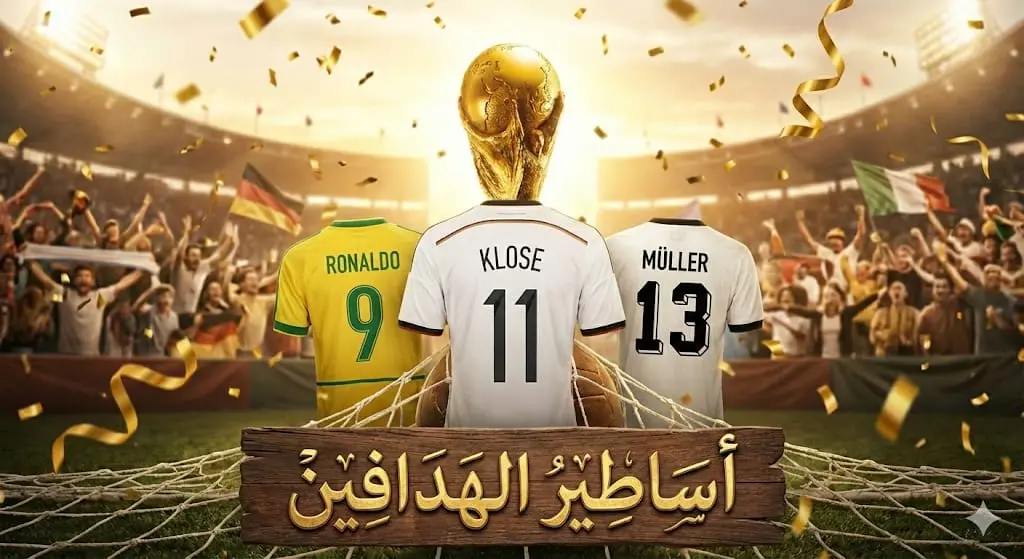 > قمصان أساطير هدافي كأس العالم التاريخيين: قميص ميروسلاف كلوزه (ألمانيا، رقم 11)، قميص رونالدو الظاهرة (البرازيل، رقم 9)، وقميص جيرد مولر (ألمانيا الغربية، رقم 13) معروضة أمام كأس العالم.