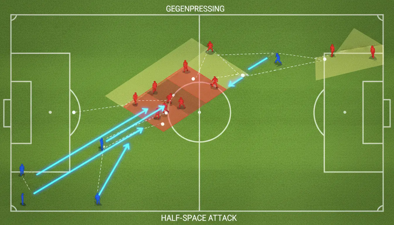 رسم توضيحي لتحليل تكتيك كرة القدم يظهر مناطق الملعب والتحركات والضغط الجماعي بأسلوب احترافي.