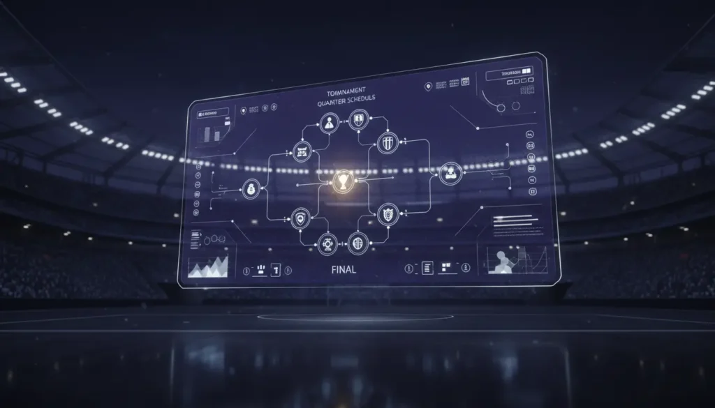 تصميم تخيلي لجدول مباريات دوري أبطال أوروبا 2026 يعرض الأدوار الإقصائية بخط زمني داخل ملعب كرة قدم حديث.